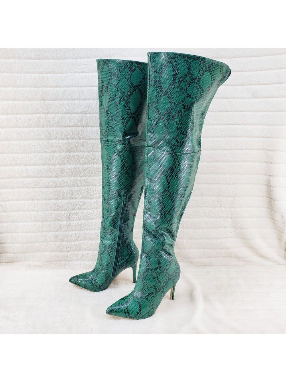 Jade Snake Wide Top Sexy Thigh High Heel Boots - Picture 7 of 11